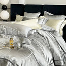 Brocade satin jacquard silver bedding set bedroom damask embroidery