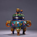 Bronze cloisonne lion incense burner blue & gold living room decor