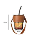 Brown leather glass coffee cup with gold straw kitchen tumbler