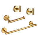 Brushed gold bathroom hardware set with towel bar and robe hooks