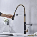 DecorBites™ Brushed Gold Kitchen Faucet with Pull Down Black Spring Spout - Hot Cold Mixer