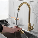 Brushed gold kitchen faucet with pull down spray head