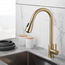 Brushed gold kitchen faucet with pull down spray head
