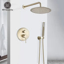 Brushed gold rainfall shower faucet set with handheld for bathroom