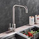 Brushed nickel kitchen faucet with curved swivel spout