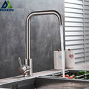 Brushed nickel kitchen faucet with curved swivel spout