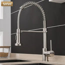 Brushed nickel kitchen faucet with pull down coiled gooseneck spout