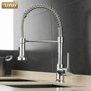 Brushed nickel kitchen faucet with pull down coiled gooseneck spout