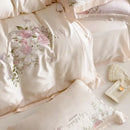 Butterfly flowers embroidery cream satin bedding set bedroom decor