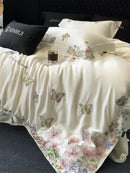 Butterfly flowers embroidery cream satin bedding set bedroom duvet cover