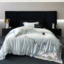 Butterfly flowers embroidery cream satin bedding set bedroom duvet cover