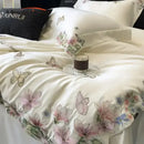 Butterfly flowers embroidery cream satin bedding set bedroom duvet cover