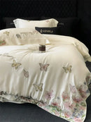 Butterfly flowers embroidery cream satin bedding set bedroom duvet cover
