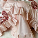 Butterfly flowers embroidery pink satin bedding set bedroom ruffles