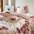 Butterfly flowers embroidery pink satin bedding set bedroom ruffles