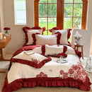Butterfly flowers embroidery pink satin bedding set bedroom ruffles