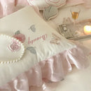 Butterfly flowers lace ruffles ivory & pink bedding set bedroom duvet