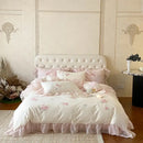 Butterfly flowers lace ruffles ivory & pink bedding set bedroom duvet