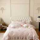 Butterfly flowers lace ruffles ivory & pink bedding set bedroom duvet