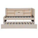 Twin Size Upholstered Daybed with Trundle, Storage Shelves, USB & Outlet (Beige)