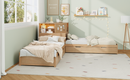 L-Shaped Combination Twin Bed with Trundle and Drawer,3-in-1 Low Corner Platform Bed Linked with Built-in Desk and Led Downlight, Natural
