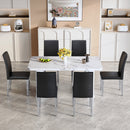 Table and chair set.64.5x35.4 Inch Stylish White Marble Textured Dining Table.Paried With 6 Black PU dining chairs, Silver Metal Legs.Simple and versatile.High Elasticity Sponge Filling.