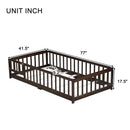 Twin Size Floor Bed with Fence and Door,Rubber Wood Floor Bed with Safety Guardrails,Espresso