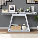 Modern Luxe Full-Body Mirror Entryway Table with Trapezoid Base, 360° Reflective Console, Scratch-Resistant, Open Storage, Silver, MDF & Glass, 55.9'