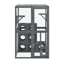 Grey Pine Wood Outdoor Cat House with Shelves and Weather Protection, Removable Wood Boxes