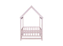 Twin Size House Floor Wooden Bed with Roof Frame,Safety Guardrails,Pink