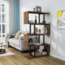 S Shaped 5 Tier Bookshelf Bookcase In Retro Brown Finish