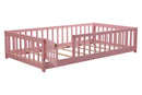 Twin size Floor Platform Bed with Fence and Door ,Pink