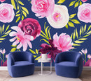 Stylish Modern Dark Blue Wallpaper with Pink Flowers
