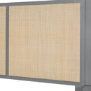 Queen Size Solid Wood Bed Frame with 2 Nightstands, Elegant Design with Lamps, Rattan and Wood Combination,Gray