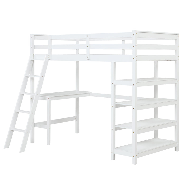 Twin Loft Bed with desk, ladder, shelves, White