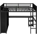 Full XL Size Loft Bed Frame with Built-in Wardrobe, Metal Loft Bed with Desk and Storage Shelves, Black