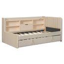 Twin Size Upholstered Daybed with Trundle, Storage Shelves, USB & Outlet (Beige)