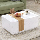 Modern 35.4 x 23.6 Inch Two-tone Coffee Table with Faux Marble and Walnut Wood Grain Finish, Rectangular Center Table with 2 Storage Drawers, Practical Cocktail Table for Living Room, White