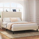 Modern Beige Queen Size Platform Bed with Metal Frame and Charging Station