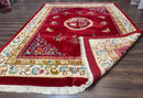 Indo Chinese Wool Rug 9x12, Red Art Deco Carpet, Vintage