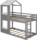 Twin Over Twin House Bunk Bed With Roof And Ladders Grey