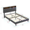 Modern Dark Grey Queen-Size Upholstered Platform Bed Frame with Button-Tufted Linen Headboard and USB Ports
