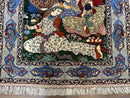 Fine Persian Isfahan Pictorial Rug 3.7 x 5, Kork Wool on Silk Foundation, Blue Persian Carpet, Hand Knotted, Humans Birds, High KPSI, Semi Antique