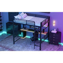 Full Size Metal Loft Bed Frame with Storage Shelf and LED Light,Iron mesh,Black