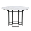 TOPMAX Space-Saving 5-Piece Extendable Kitchen Dining Table Set for Small Spaces - Round Faux Marble Top with Black Frame, 4 Upholstered Chairs, Compact Foldable Design,White+Beige