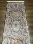 Turkish Silk Runner Rug 2.6 x 13, Blue Runner Rug, Dome Design, Bamboo Silk, New