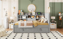 Twin Size Upholstered Daybed with Trundle, Storage Shelves, USB & Outlet (Gray)