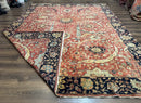 Indian Agra Rug 9x11, Terracotta and Navy Blue, Sickle Leaf Rug