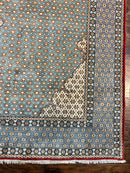Rare Persian Rug 8x12, Qum Rug, Repeated Star Motifs, Blue and Ivory, Fine 300 KPSI, Hand Knotted Handmade Vintage Wool Rug