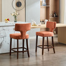 Mid Century Modern Counter Height Bar Stools Set of 2, Farmhouse Linen Fabric Upholstered Accent Chair Curved Backrest with Copper Nails around,Kitchen Chairs with Hardwood Frame, Orange